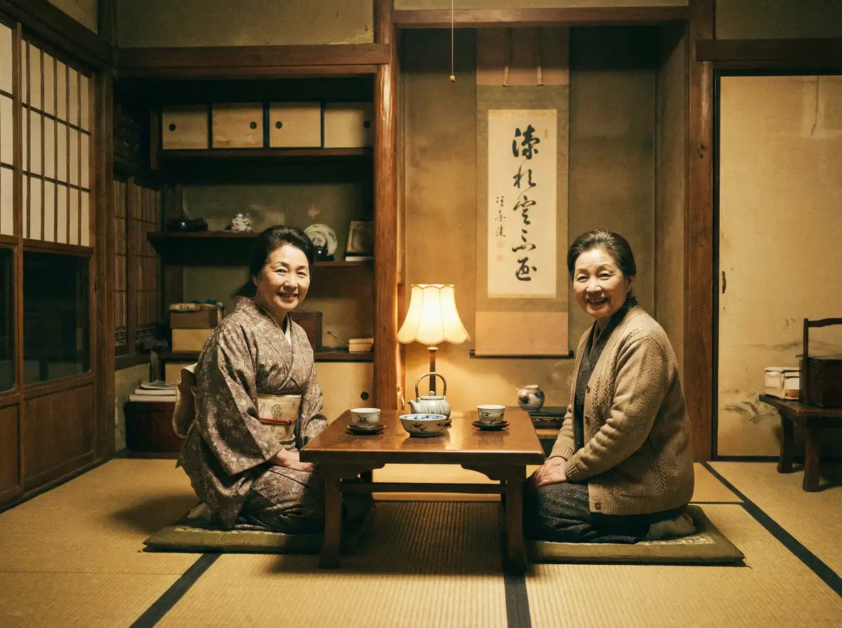 两位优雅的 竟博体育平台 在日式茶室中品茶交谈